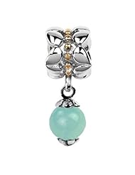 March Birthstone Dangle, Sterling Silver and Gold Accent Dangle with 8.5 Mm Aquamarine Gemstone (March Birthstone), Fits Pandora and All Barnds Charm Bracelets and Necklaces.