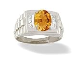 14K White Gold Genuine Oval Citrine and Diamond Men's Ring