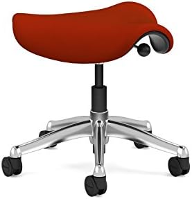 Freedom Saddle Task Stool by Humanscale: Standard Carpet Casters - Standard Cylinder Height - Wave Pattern Textile - Polished Aluminum Frame/Cayenne Wave Fabric