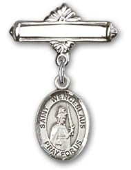 Sterling Silver Baby Badge with St. Wenceslaus Charm and Polished Badge Pin