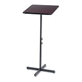 Safco Products Company Products - Adjustable Speaker Stand, 21x21x29-1/2-46, Mahogany - Sold as 1 EA - Sturdy speaker stand offers adjustable height and platform tilt. Ideal for presentations requiring no support equipment. Wood laminate reading platform (20 wide x 16 deep) has a paper stop on a black steel base. Platform tilts from 0 to 70 degrees. Podium height adjusts manually from 29-1/2 to 46.