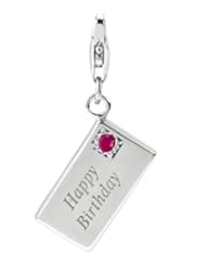Sterling Silver Happy Birthday Card Charm with Lobster Clasp ,Ruby July Birth Stone , Width 3/8 Inch, Length 1/1/2 Inch, Weight 3.8g, Fits Traditional Charm Bracelet