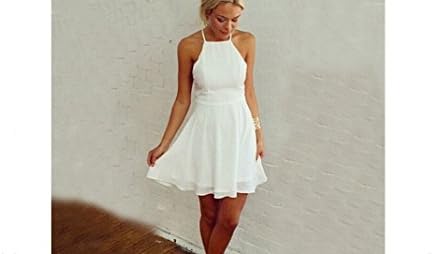 Women Dress Cute Backless Mini Hollow Chiffon Dress Beach Sexy Large White