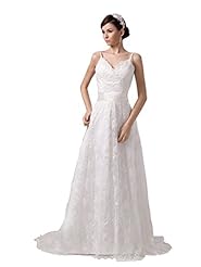 A-line Satin Spaghetti Strap Lace  Dress with a Chapel Train 