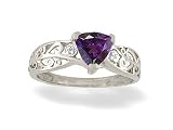 14K White Gold Genuine Trillion Amethyst and Diamond Filligree Ring