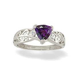 14K White Gold Genuine Trillion Amethyst and Diamond Filligree Ring by Jewels For Me