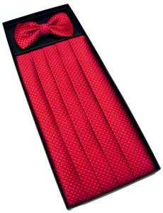 Red Woven Silk Cummerbund & Bow Tie by KJ Beckett