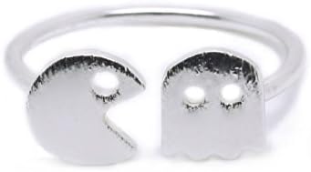 Pacman Ring Cute Adjustable Pac Man and Ghost Rings (Silver)