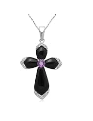 Sterling Silver Onyx and Amethyst with Created White Sapphire Cross Pendant Necklace, 18"