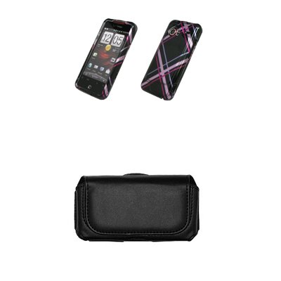 HTC Droid Incredible Premium Black with Pink Plaid Stripes Design Case Cover Snap-On Cell Phone Protector + Leather Case Side Pouch for HTC Droid Incredible