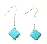 Diamond Shaped Genuine Turquoise Dangle Earrings Dangling From Figaro Chain Celebrity Style Unique Beauties Sterling Silver Earrings