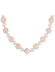 Pink Opal Round Bead, White Potato Freshwater Cultured Pearl and Gold Over Sterling Silver Beads and Clasp Necklace, 16"