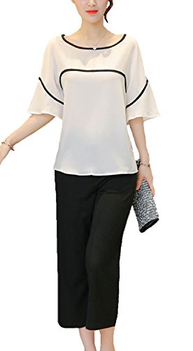 (サラキッド） SaraKid きれいめ モノトーン フレア スリーブ ブラウス ガウチョ パンツ 上下 セット ツーピース 七分 ホワイト ブラック レディース 大人 エレガント