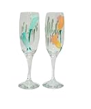 ArtisanStreet's Calla Lily Champagne Flutes. Set of 2 Glasses. Yellow & Orange Design Hand Painted on Clear Crystal. Signed by Artisan