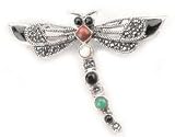 Sterling Silver Marcasite, Mother of Pearl, Black Onyx Inlay Dragonfly Brooch Pin