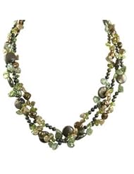 14K 3 strand dyed green/black/chocolate and champagne freshwater cultured pearl necklace with peridot, 18"