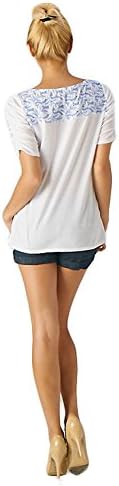 Femme Women Scoop Neck Puff Sleeves Embroidered Detail Casual Top XL White