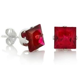 July Birthstone Ruby Red Princess Cut Cubic Zirconia CZ Silver Stud Earrings: Jewelry