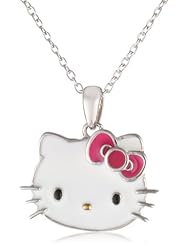 Hello Kitty by Simmons Jewelry Co. Enamel Face and Red Enamel Bow Dangle Girls Pendant Necklace