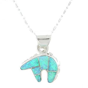 Southwestern Blue Opal Inlaid Bear Pendant in Sterling Silver by Native American Indian Artist Calvin Begay with 18" Sterling Bead/Bar Chain, #7784