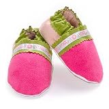IsaBooties Soft Soled Baby Shoes: Pink and Lime Infant Shoes with Flowers. Size 12 to 18 Months