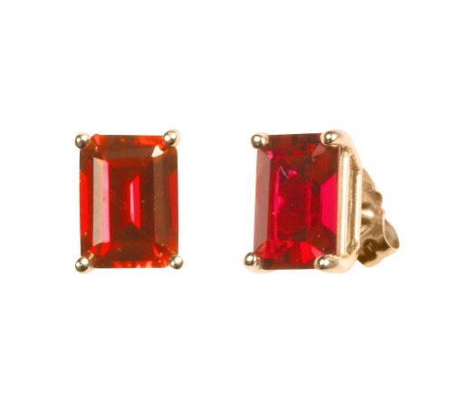 10k Yellow Gold Emerald Cut Created Ruby Stud Earrings