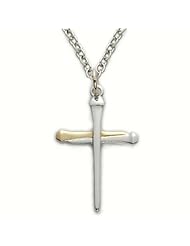 Exceptional Qualty 24K Gold over Sterling Silver Cross Pendant Necklace in a 2-Tone Nail Style Design w/Chain 18" Length Gift Boxed.