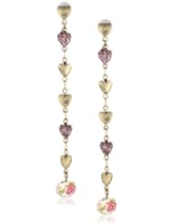 Betsey Johnson "Girlie Grunge" Heart and Pink Flower Bead Linear Drop Earrings