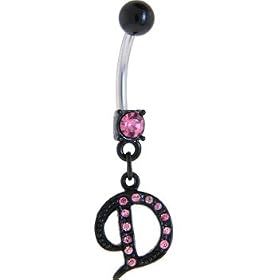 Black Anodized PINK Jeweled Initial Belly Ring-LETTER "D" by Black Belly Button Rings