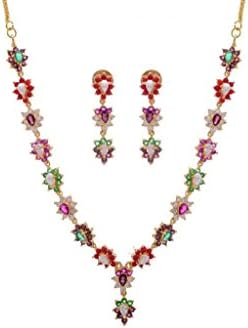 Pearls Cart Women's Simple &amp; Sober Stone Studded Necklace Set With Earring Navratna