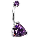 Solid 14KT White Gold Amethyst Trillion CZ Internally Threaded Belly Ring