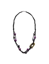 10-11mm Purple Freshwater Pearl with 4 Strands Black Leather with Wood Hoop Necklace 24" Length. Secured with Sterling Silver Lobster-claw-clasp.