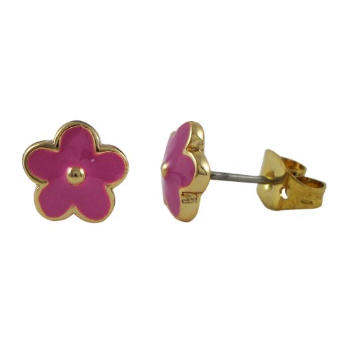 Hot Pink Enamel Flowers Gold Finish Kids Girls Stud Earrings