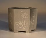 Bonsai Boy's Ceramic Bonsai Pot - Unglazed Grey Hexagon w/etched designs<br>3.75x3.75