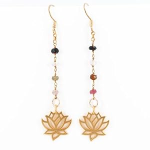 Open Design Lotus Flower Dangle Earrings in Gold Vermeil on a Tourmaline Gemstone Chain, #7450