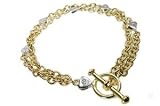 14K Yellow and White Gold Double Stranded Link Bracelet with Toggle Clasp, Set with Diamonds