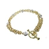 14K Yellow and White Gold Double Stranded Link Bracelet with Toggle Clasp, Set with Diamonds