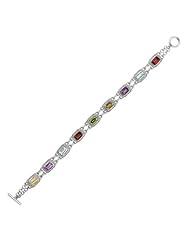 Silver Rhodium Plated 7.50" 10mm Alternate Rectangular Like With Multi Color And Oval Link Stone Cubic Zirconia Fancy Bracelet With Box Catch