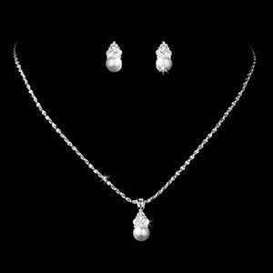 Bridal Wedding Jewelry Set Crystal Rhinestone Pearl Simple Design Silver White
