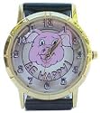 Pig watch Be Happy! Classic size of 1.5 inches. Leather band Gold tone case