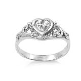 925 Sterling Silver Heart Baby Ring with Clear CZ Stone - Packaged in Gift Pouch - Size 1