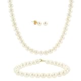 5-6mm 14k Gold Genuine Freshwater Cultured White Pearl Necklace Bracelet Stud Earring Set