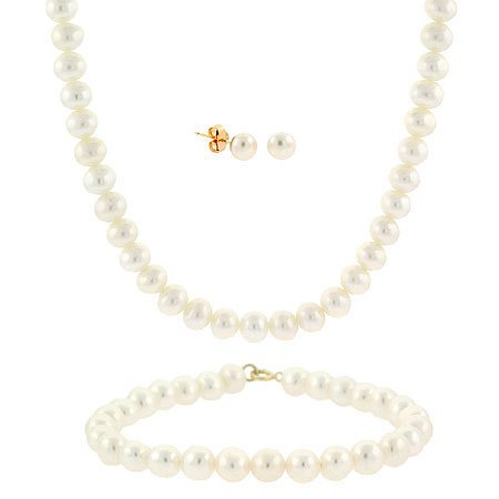 Childrens Toyshop  Jewelry : 5-6mm 14k Gold Genuine Freshwater Cultured White Pearl Necklace Bracelet Stud Earring Set