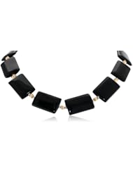 30X20Mm Black Agate with 14K Yellow Gold Corrugated Beads and Clasp, Silver Rhodium Plated Necklace, 19"
