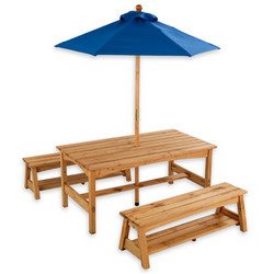 Rectangular Table with Benches and Blue Umbrella by Kid Kraft