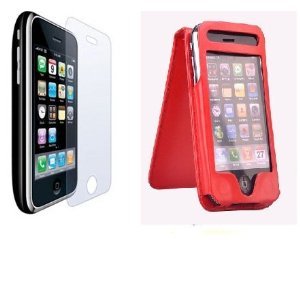 Durable Leather iPhone Case with Magnetic Flip Top !!Red!! + 6x Clear Screen Protectors