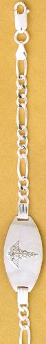 Sterling Silver Chain Medical Bracelet, 8 inch long, 5mm wide Figaro, 1-1/8 inch Engraveable Plate