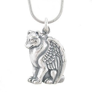 Winged Wolf or Dog Pendant in Sterling Silver on 16" Rhodium Snake Chain, #7922