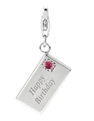 Sterling Silver Happy Birthday Card Charm with Lobster Clasp ,Tourmaline Swarovski October Birthstone , Width 3/8 Inch, Length 1/1/2 Inch, Weight 3.8g, Fits Traditional Charm Bracelet, Best Gift for Birthday