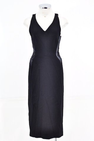 Rachel Roy New York Black Fall II Below knee Length Wide Strap V Neckline Back Zipper Sheer Side With Laced Detail Fully Lined Wool Dress